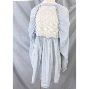 Free People Blue White Stripe Lace Back Button Down Shirt Blouse M Boho Romantic